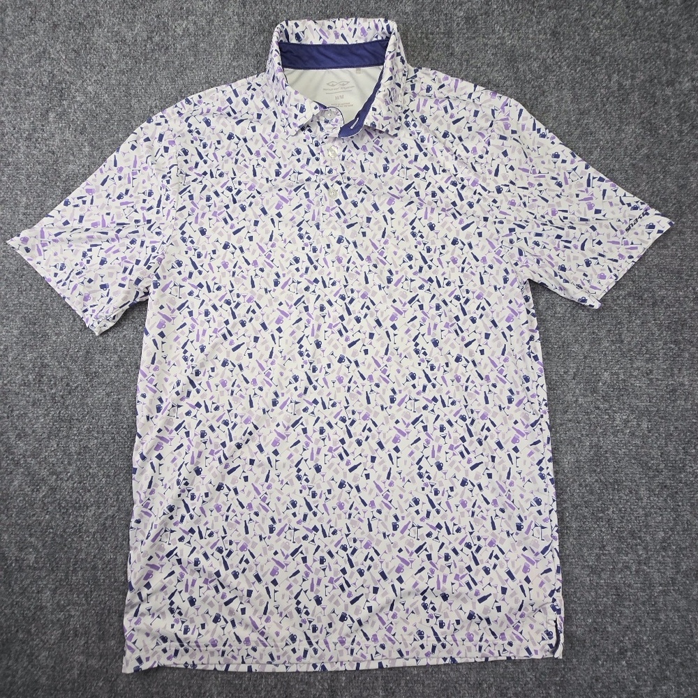 Snake Eyes Golf 19th Hole Drink Print Polo Shirt- White/Purple - Men's Medium